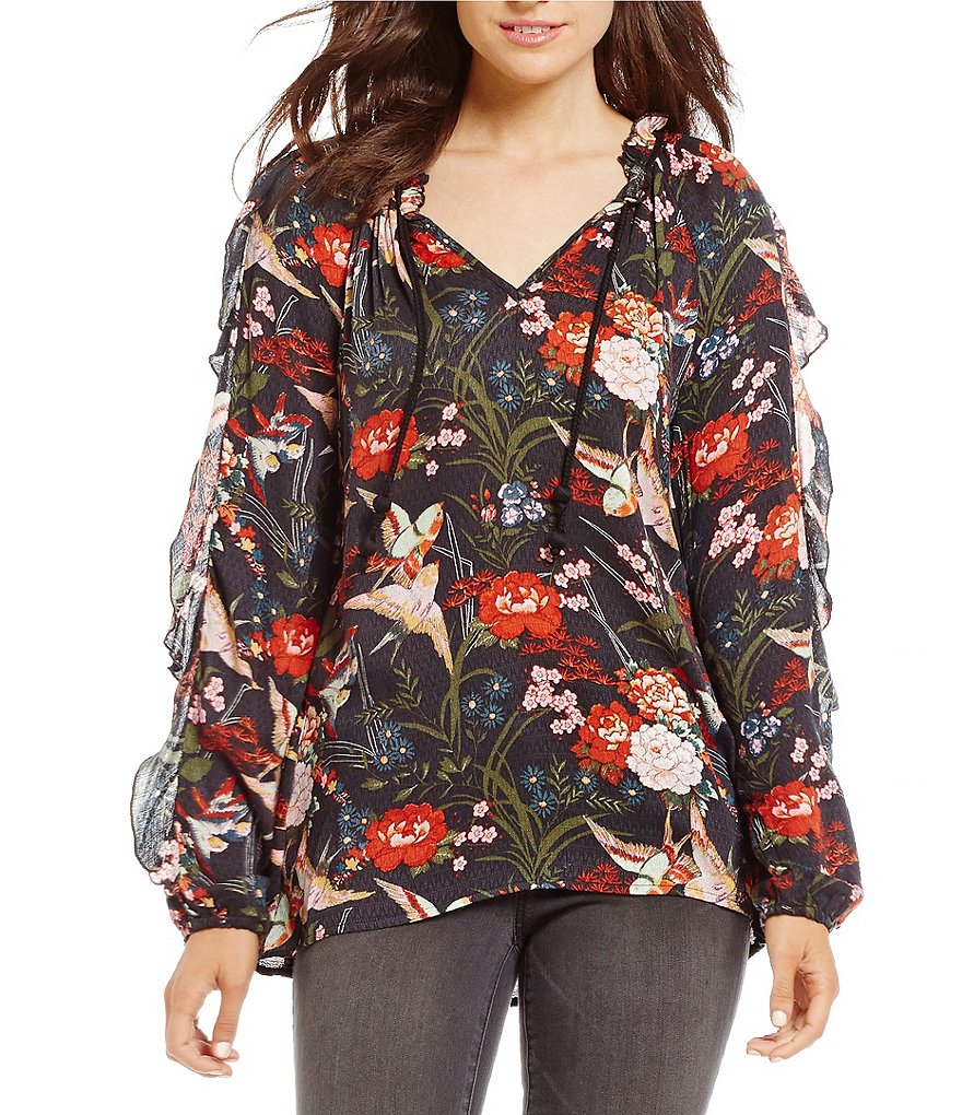 Jessica Simpson Keliani Printed Ruffle Sleeve Peasant Top
