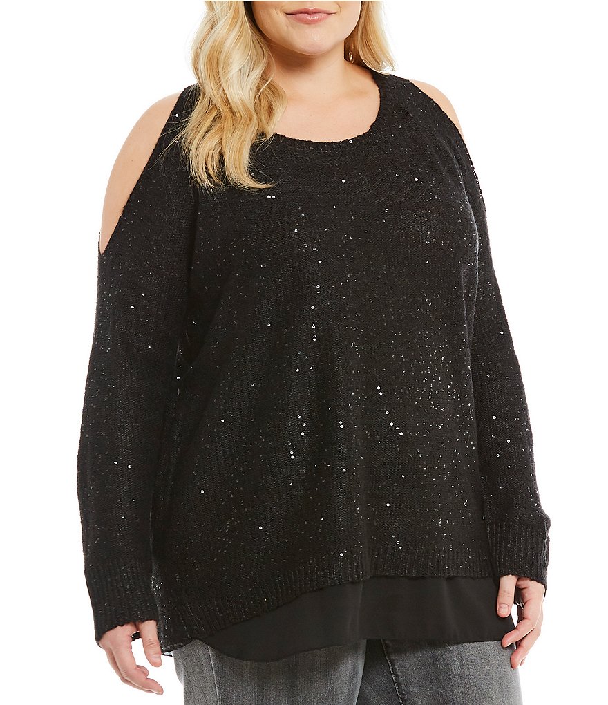 Jessica Simpson Plus Abbey Chiffon Trim Cold Shoulder Sweater