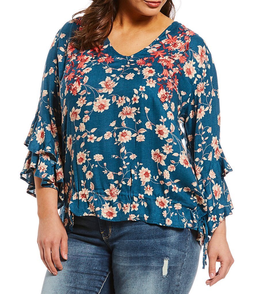 Jessica Simpson Plus Morina Floral Print Ruffle Sleeve Smocked Blouse
