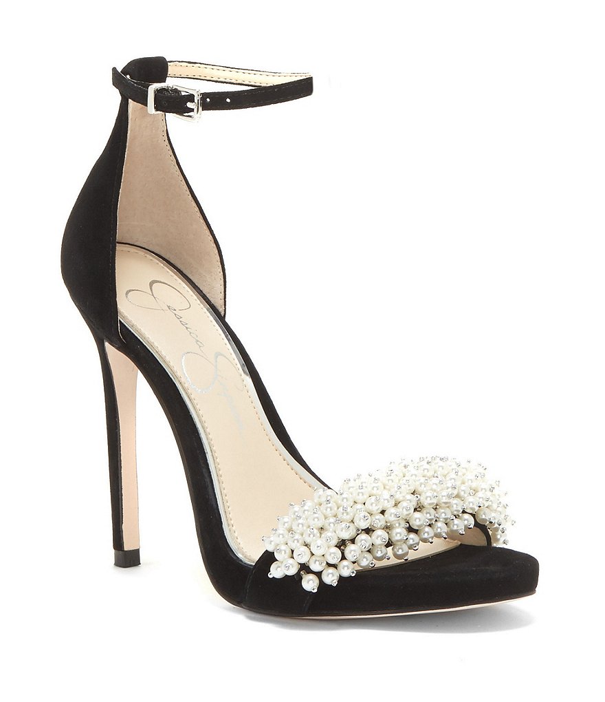 Jessica Simpson Rusley Suede Pearl Bead Cluster Ankle Strap Dress Sandals