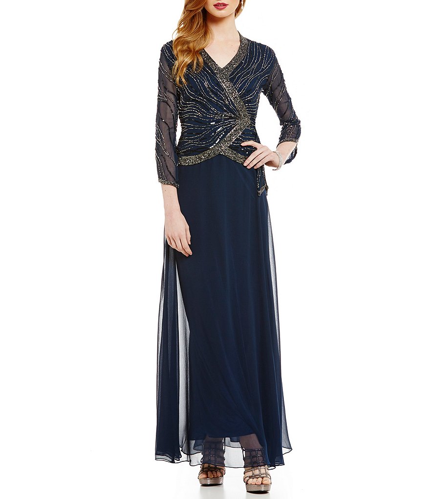 Jkara Beaded Faux-Wrap Bodice Chiffon Gown