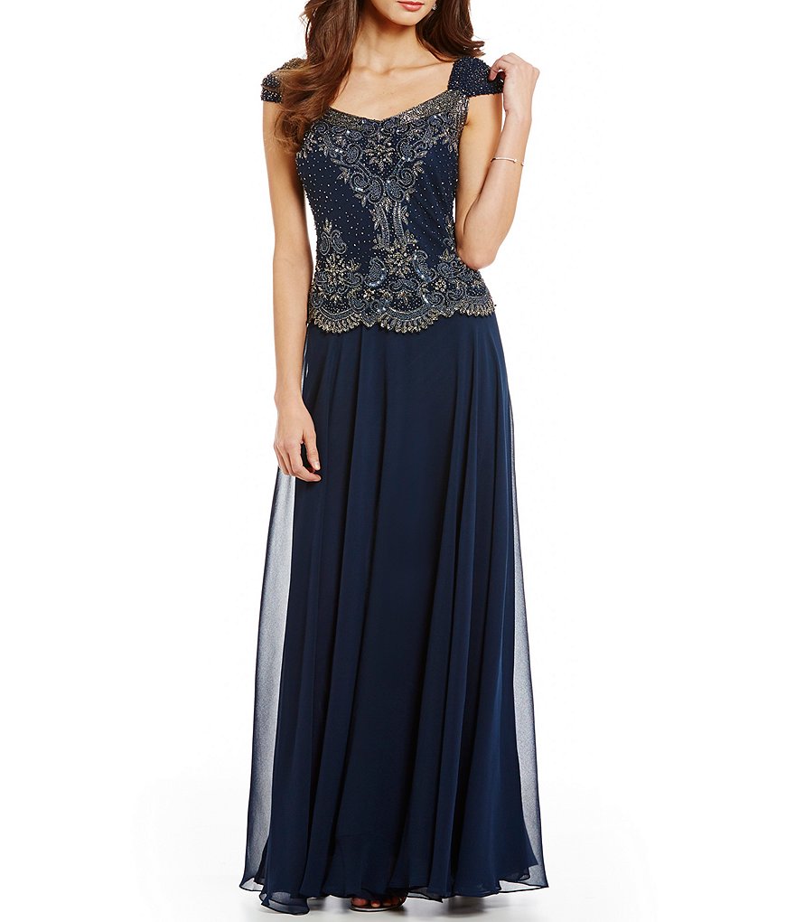 Jkara Beaded Bodice A-Line Gown
