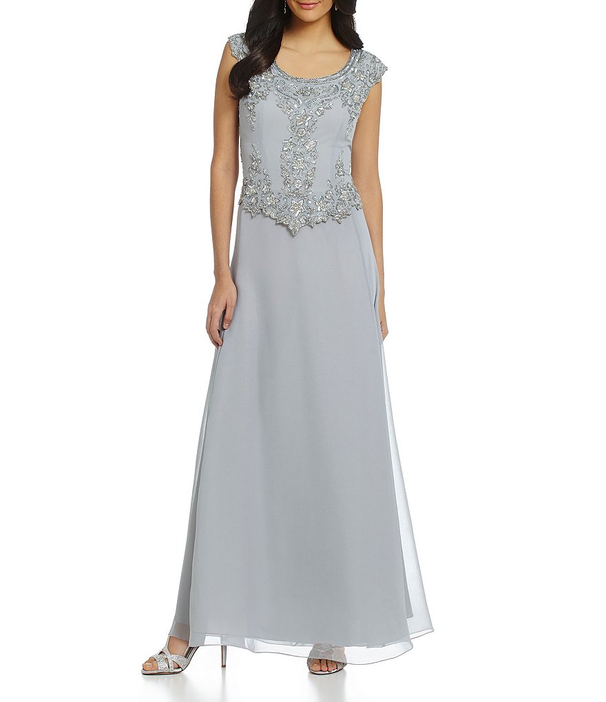 Jkara Cap-Sleeve Floral Beaded Bodice Gown