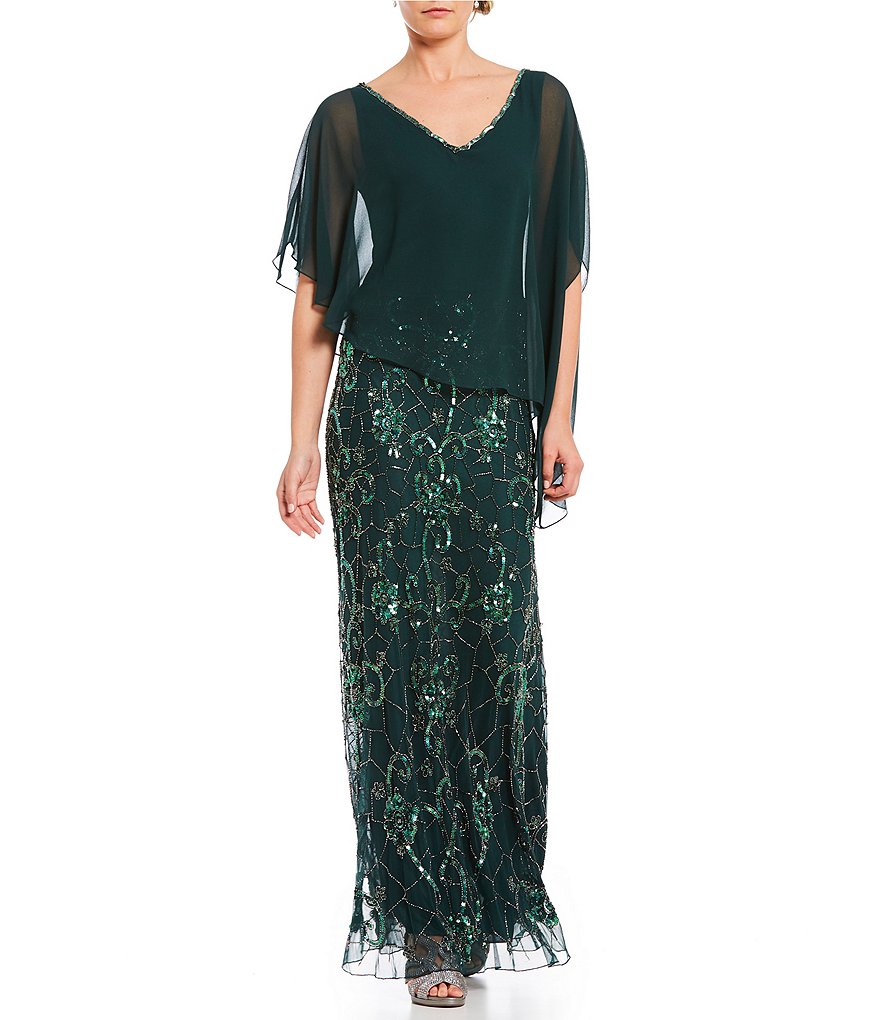 Jkara Chiffon Asymmetrical Pop Over Gown