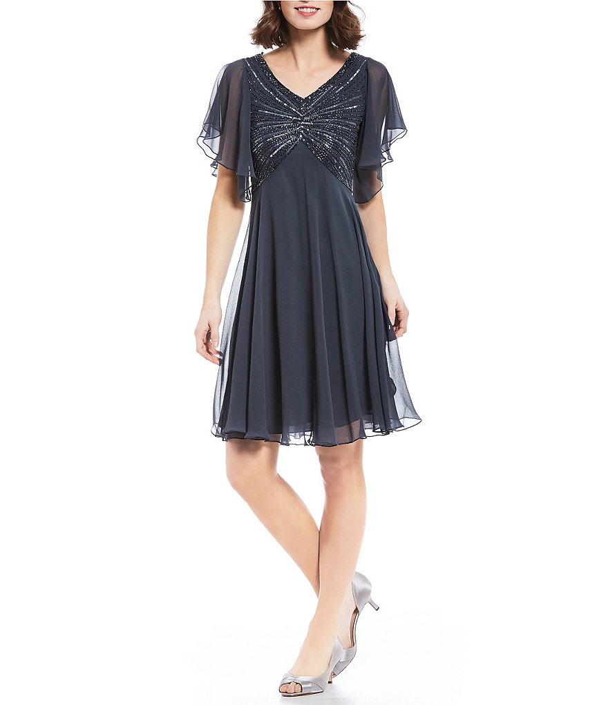 Jkara Petite Flutter-Sleeve Sequined Dress