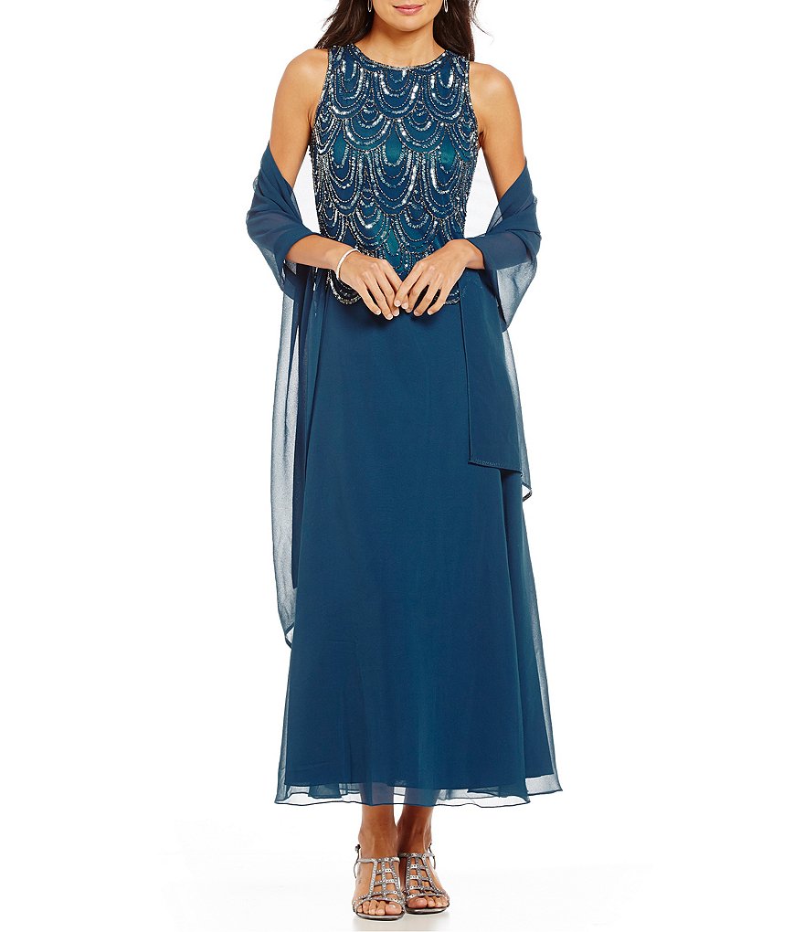 Jkara Petite Scalloped Beaded A-Line Gown