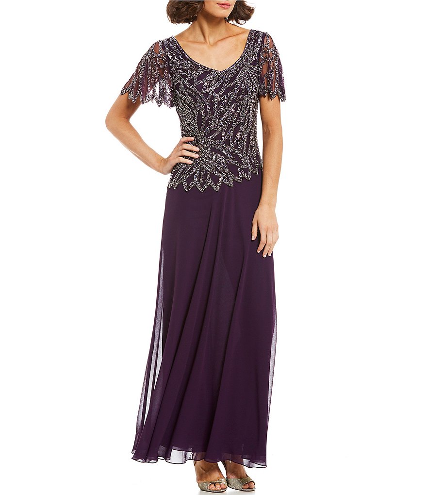 Jkara Petite Size Beaded Bodice V-Neck Short Sleeve Mock 2-Piece Gown