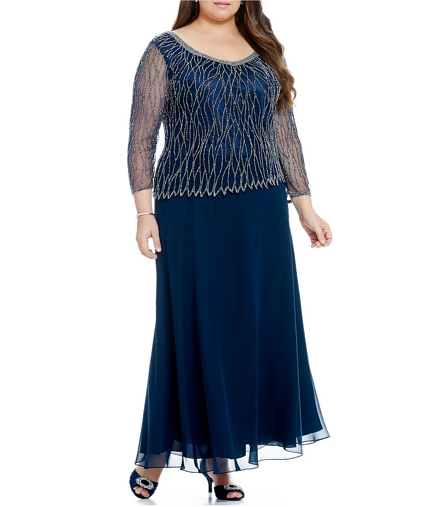 Jkara Plus 3/4-Sleeve V-Neck Beaded Dress