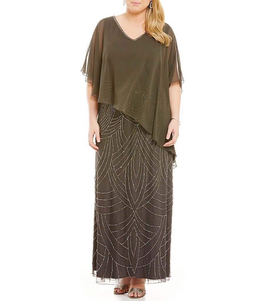 Jkara Plus Beaded Chiffon Capelet Gown