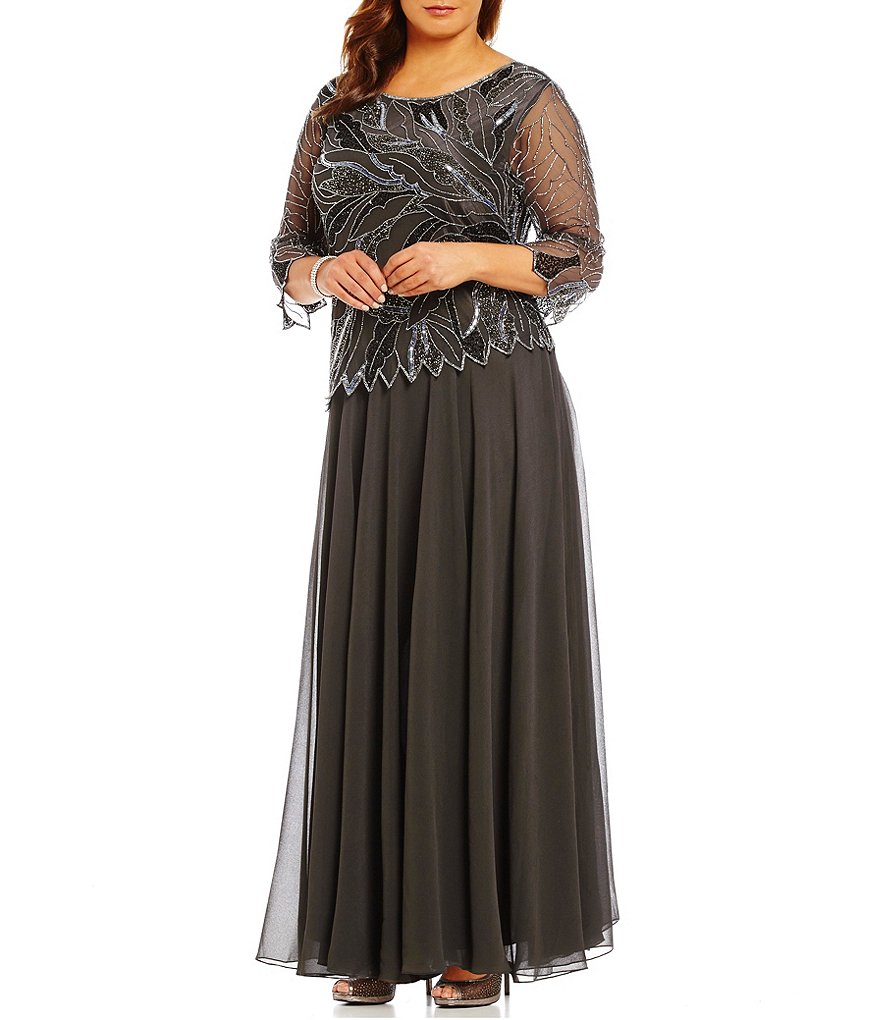 Jkara Plus Boat Neck 3/4 Sleeve Beaded 2-Piece Gown