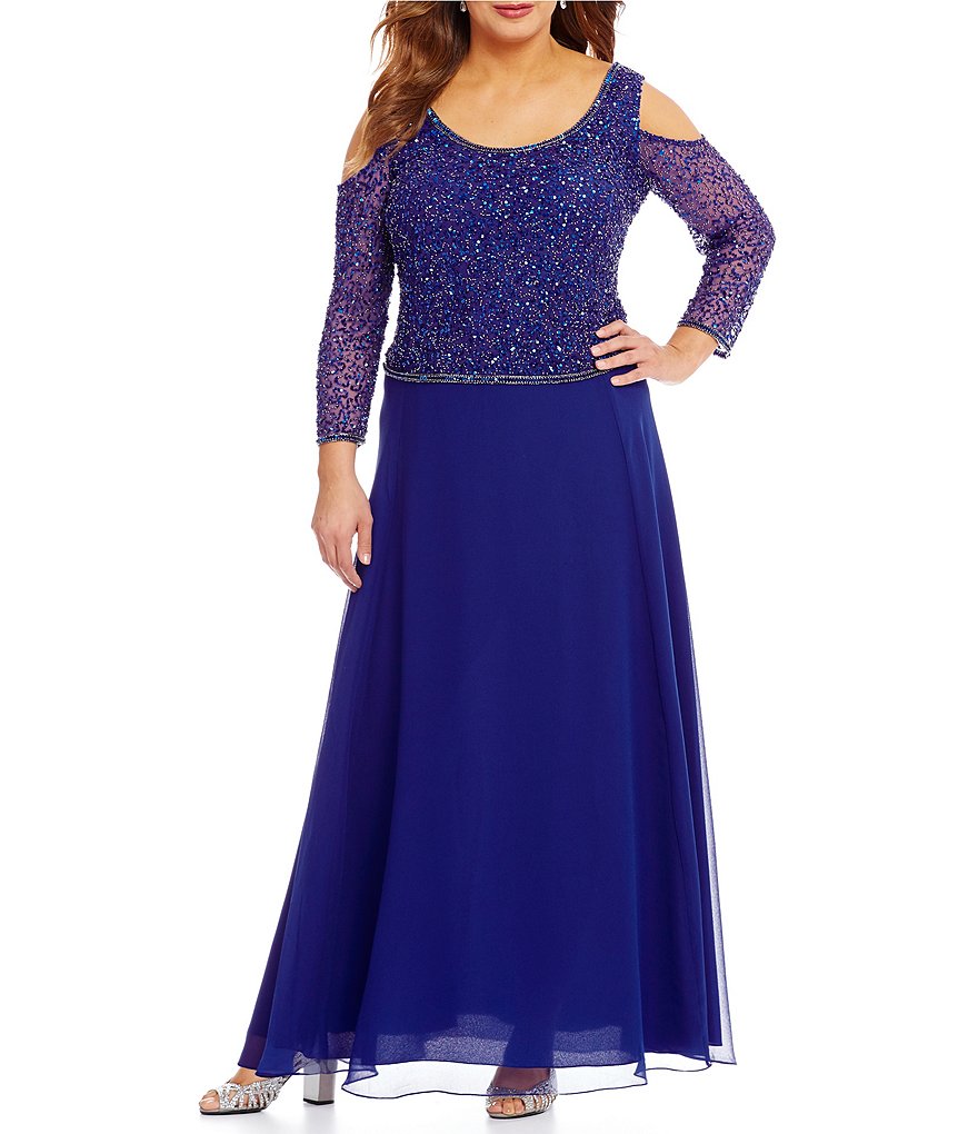 Jkara Plus Cold-Shoulder Beaded Gown