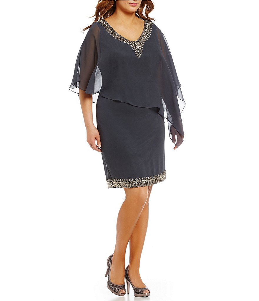 Jkara Plus V-Neck Beaded Popover Dress