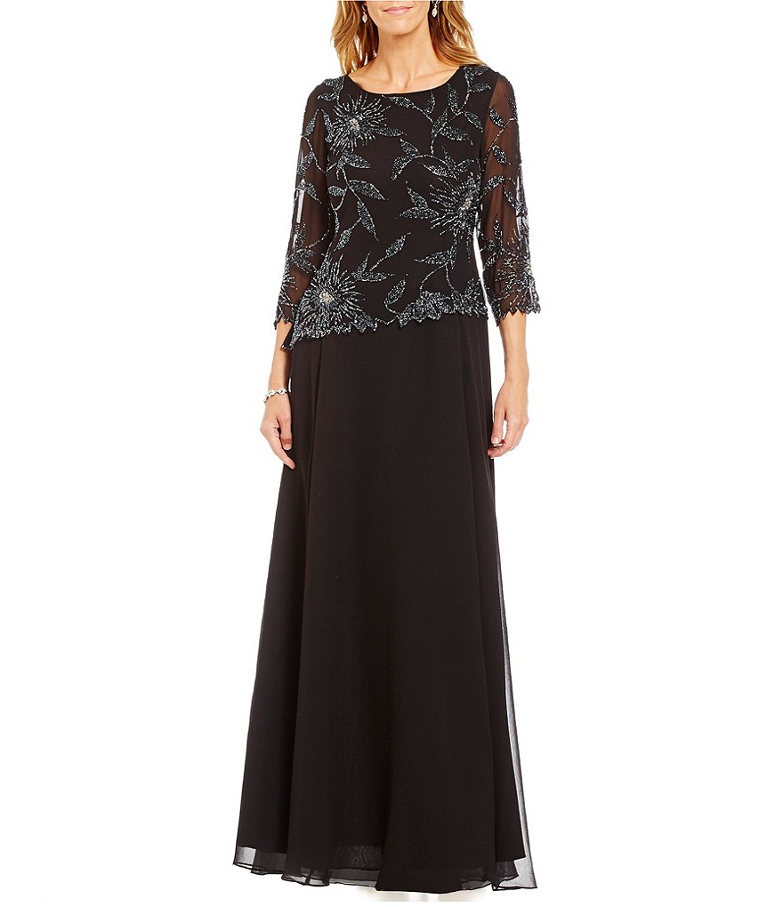 Jkara Round Neck 3/4 Sleeve Floral Beaded Chiffon Gown