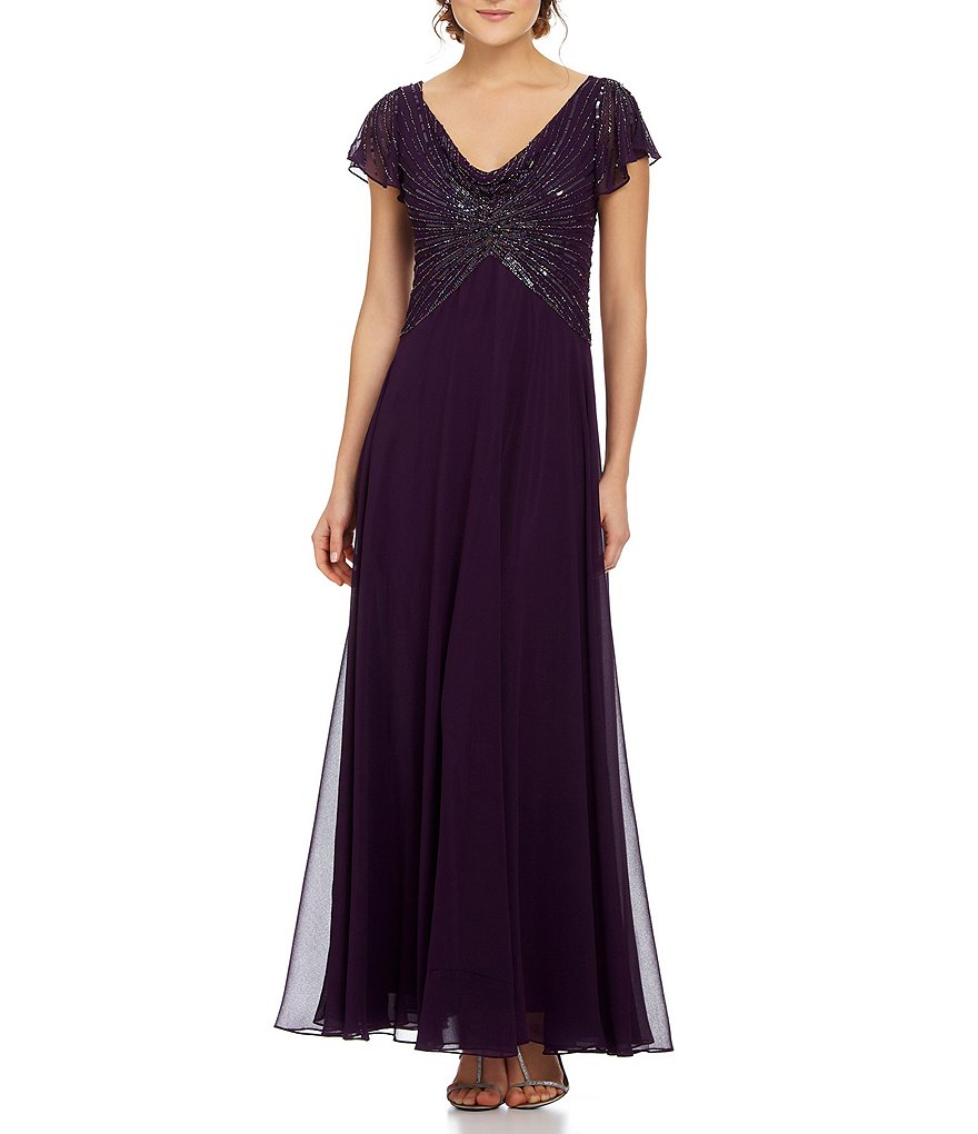 Jkara Ruffled Cap-Sleeve Beaded-Bodice Gown