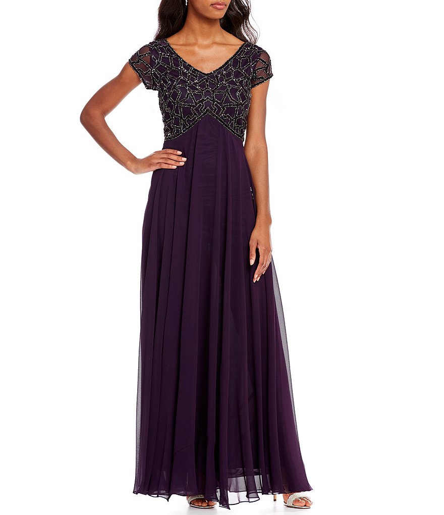 Jkara V-Neck Beaded Top Bodice Column Gown