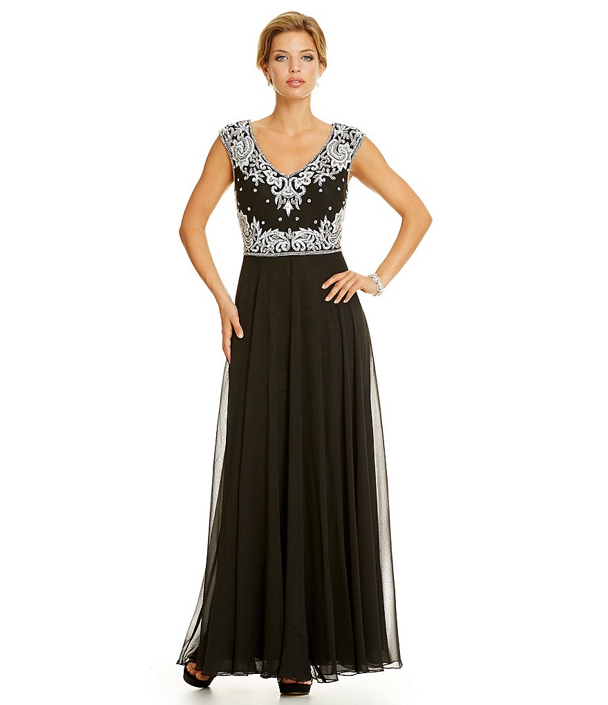 Jkara V-Neck Embellished Bodice Gown