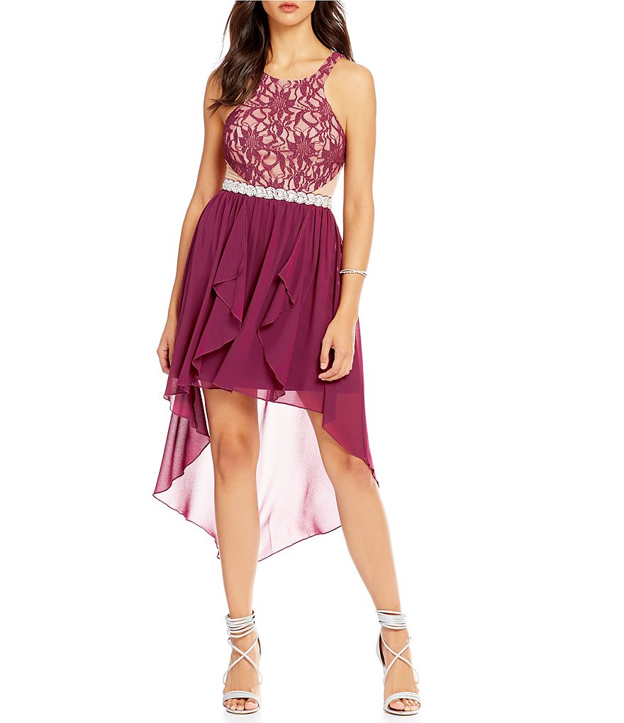Jodi Kristopher Glitter Lace-Bodice High-Low Hem Sheath Dress