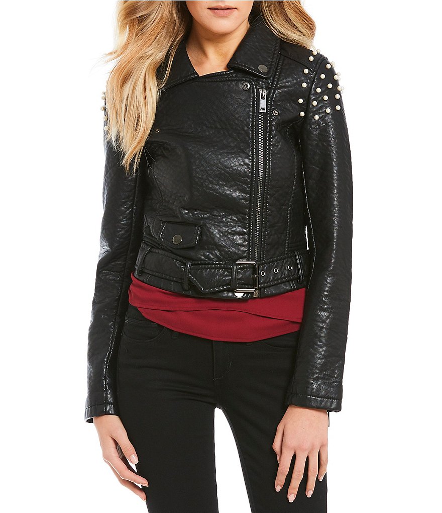 Joe's Jeans Taylor Pearl Embellished Faux Leather Moto Jacket