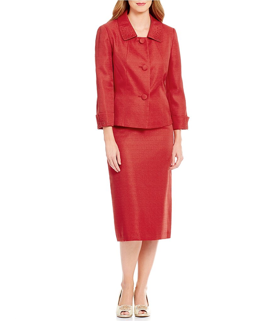 John Meyer Solid Beaded Trim 2-Piece Skirt Suit