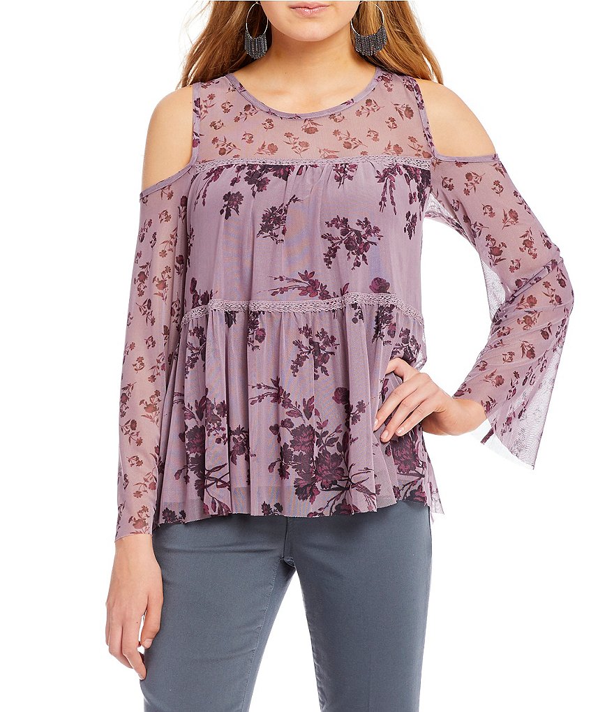 Jolt Twin Printed Mesh Tiered Cold Shoulder Top