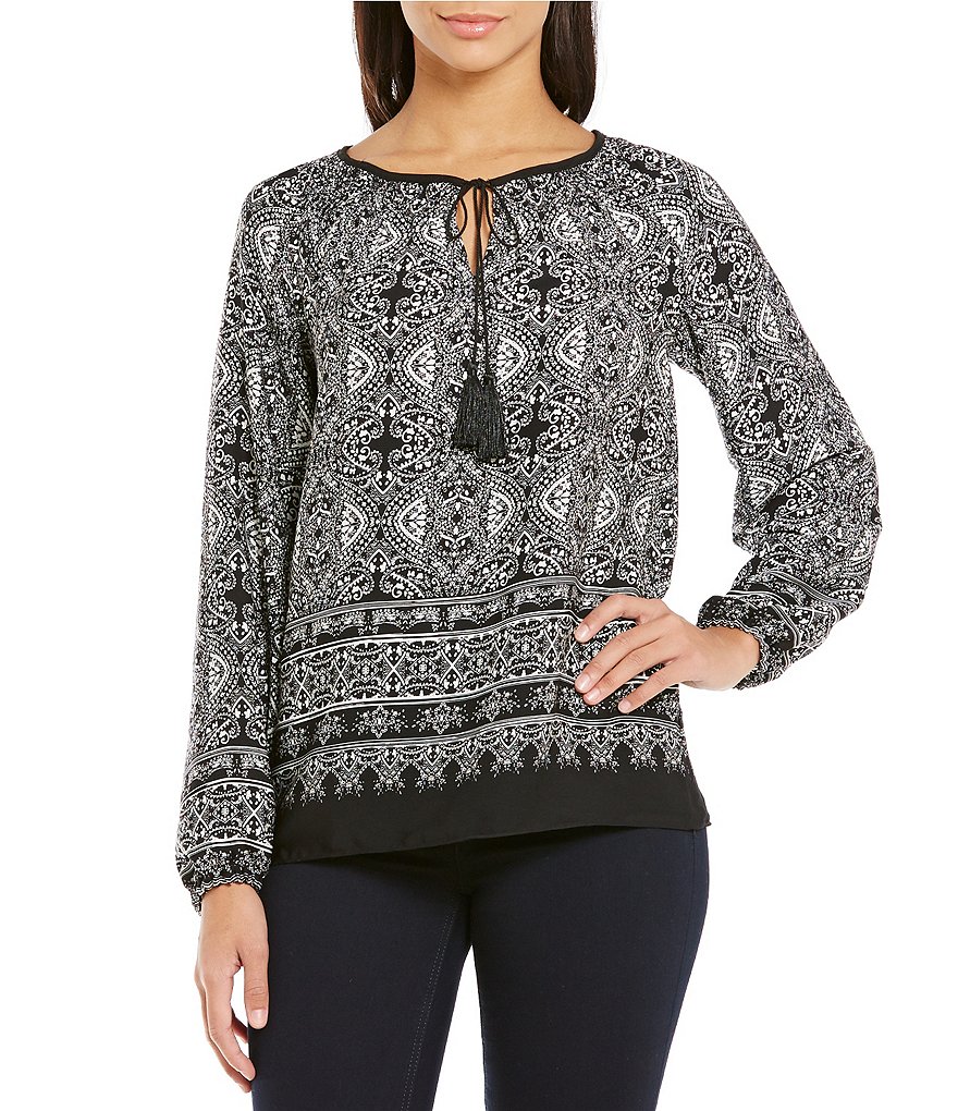 Jones New York Artisan Paisley Tassel Tie-Neck Peasant Top