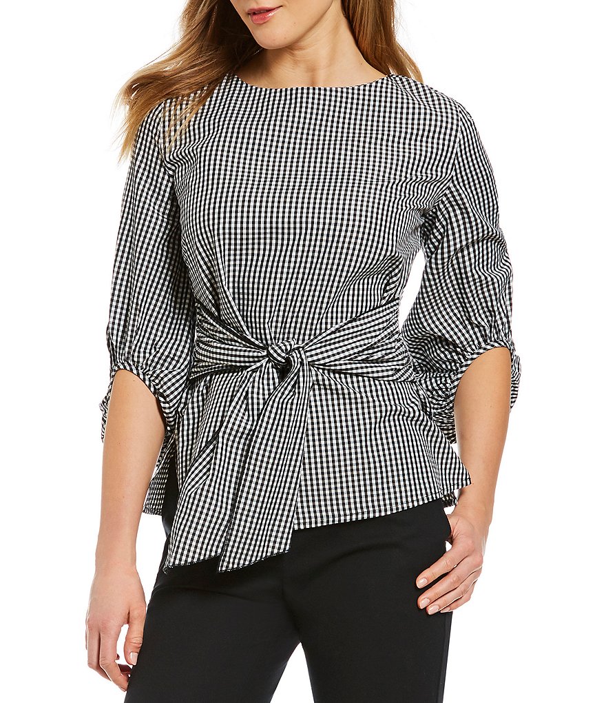 Jones New York Gingham Check Print Balloon Sleeve Tie-Front Top