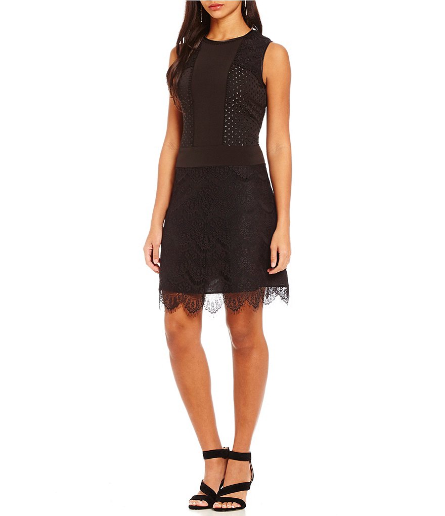 Jones New York Lace Mixed Media Lace Crepe Sheath Dress