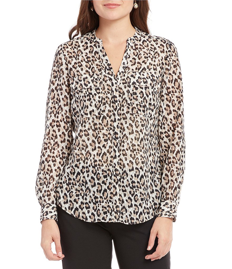 Jones New York Leopard Print Long Roll Tab Sleeve Shirt