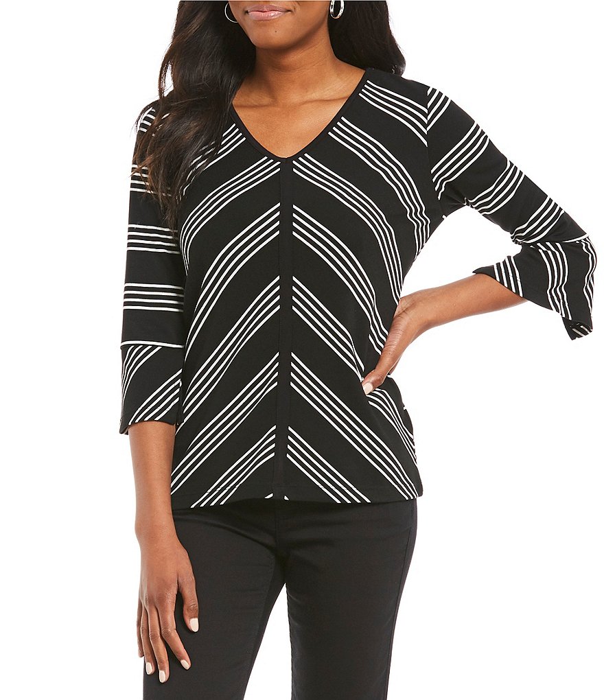 Jones New York Mitered Stripe Knit Jersey V-Neck 3/4 Sleeve Slit Cuff Top