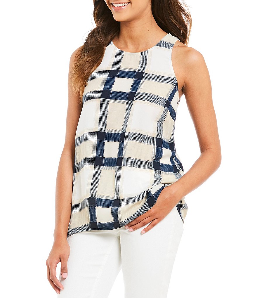 Jones New York Plaid Print Crew Neck Split Back Hi-Low Hem Tank Top