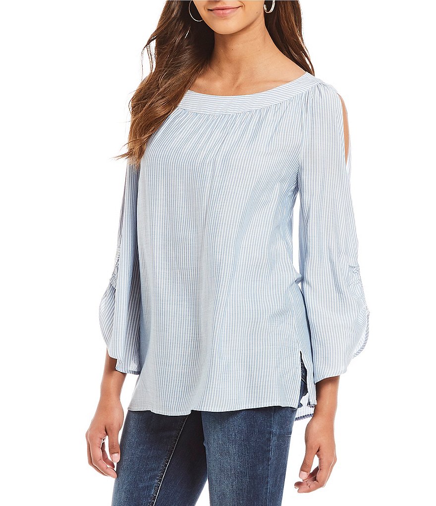 Jones New York Rivet Trim Stripe Cold Shoulder Split Bell Sleeve Top