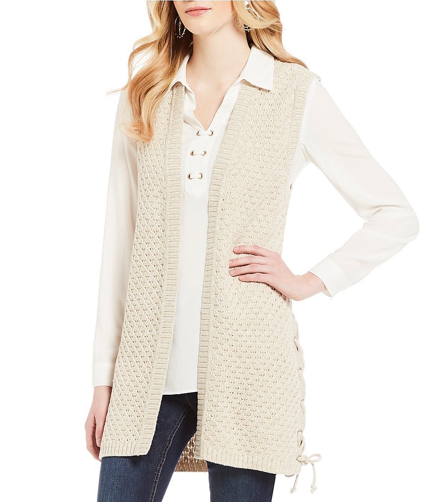 Jones New York Side Seam Grommet Lace-Up Textured Weave Sweater Vest