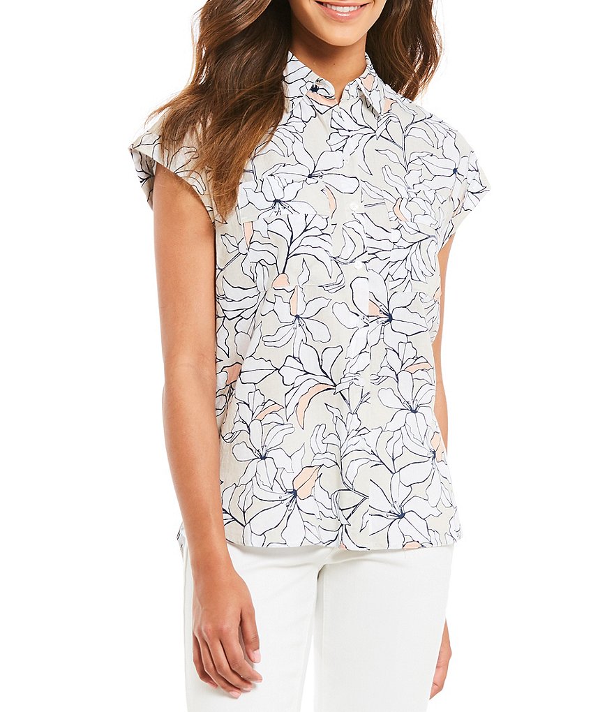 Jones New York Sketched Floral Print Linen-Blend Cuffed Cap Sleeve Shirt