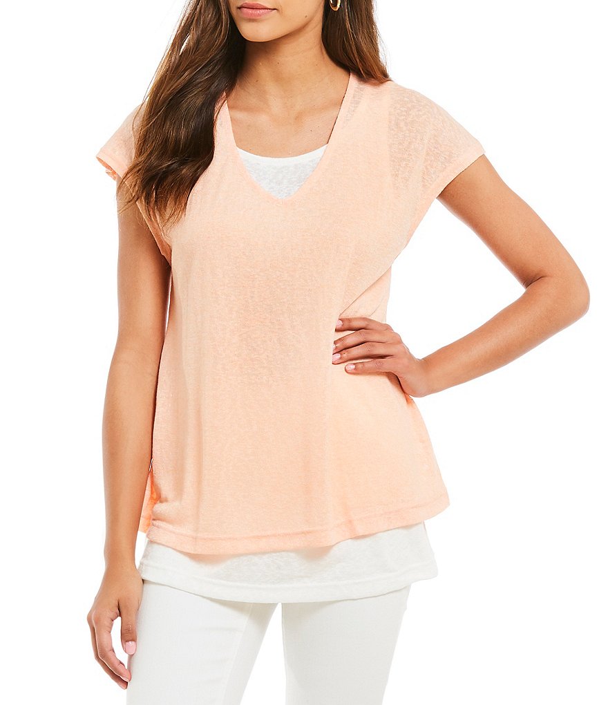 Jones New York Slub Knit Jersey Contrast Layered Hem Top