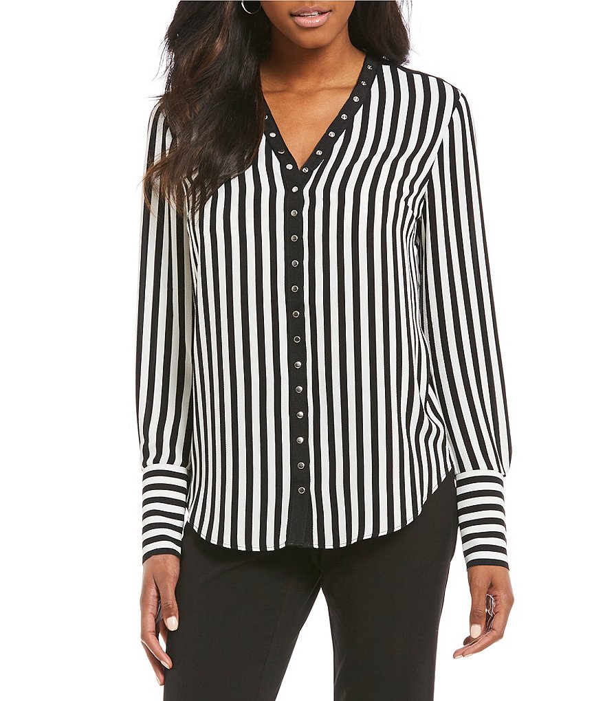 Jones New York Snap Tape Trim Stripe V-Neck Top