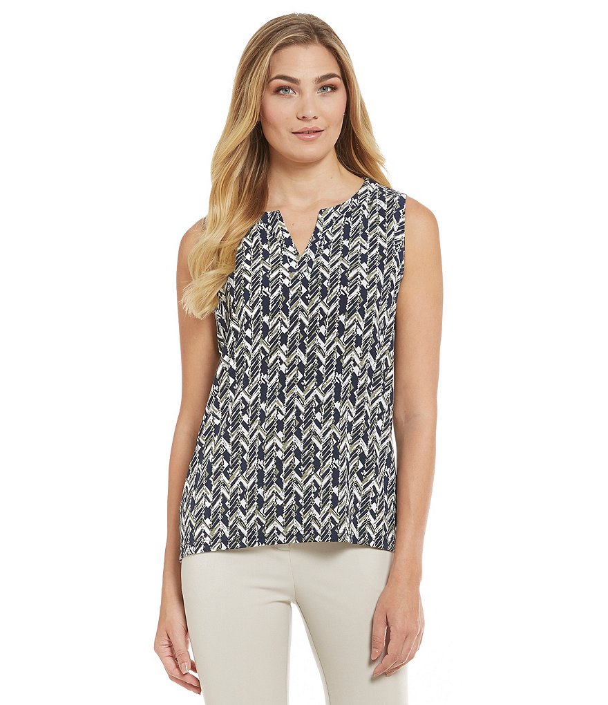 Jones New York Split Back Sleeveless Printed Knit Jersey Top