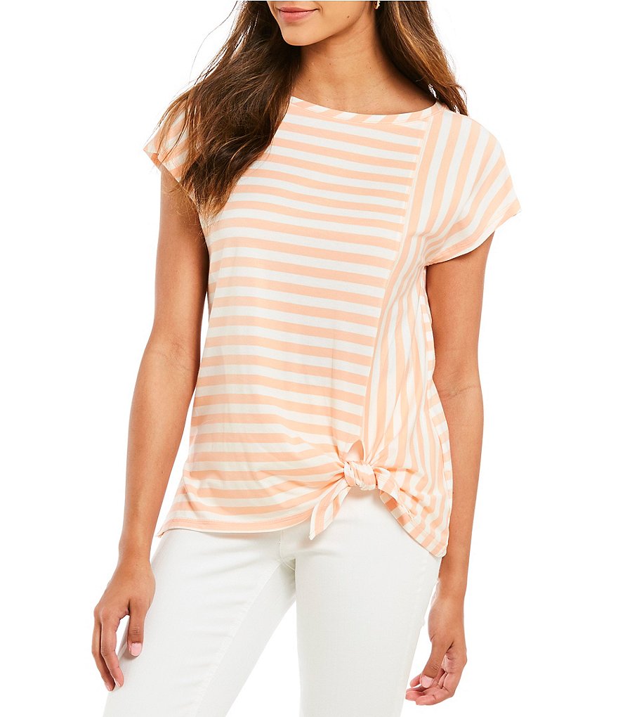 Jones New York Stripe Knit Jersey Seamed Tie Front Knot Tee