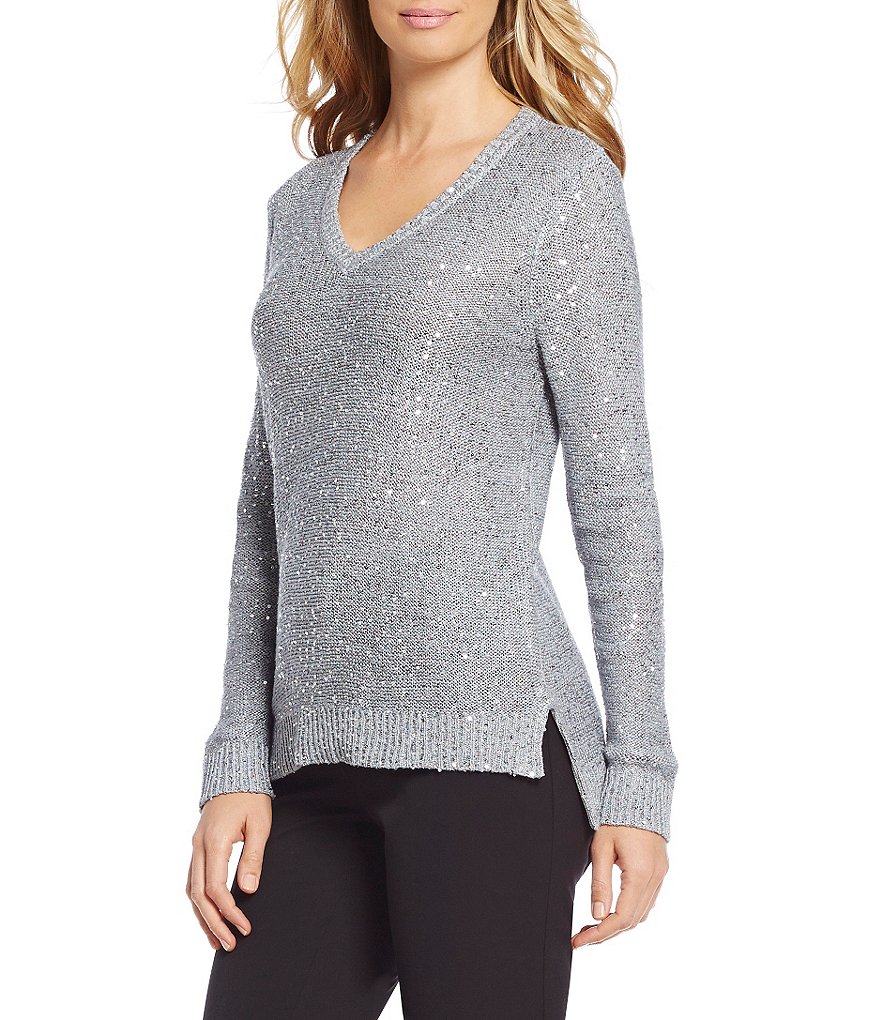 Jones New York V-Neck Hi-Low Hem Sequined Texture Knit Sweater