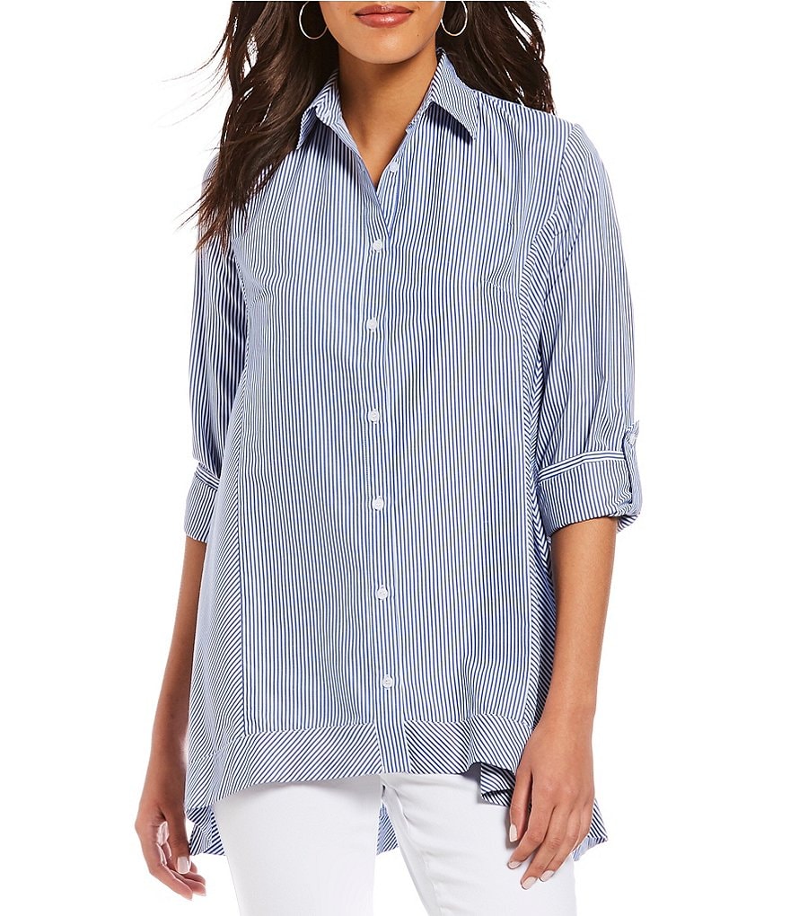 Jones New York Yarn-Dye Stripe Roll-Tab Sleeve Hi-Low Hem Tunic