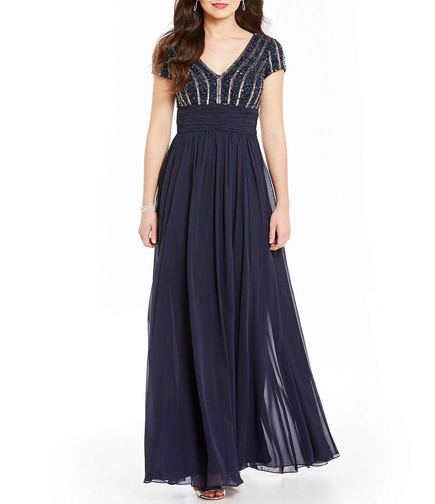 JS Collections V-Neck Chiffon Deco Embellished Open-Back Gown