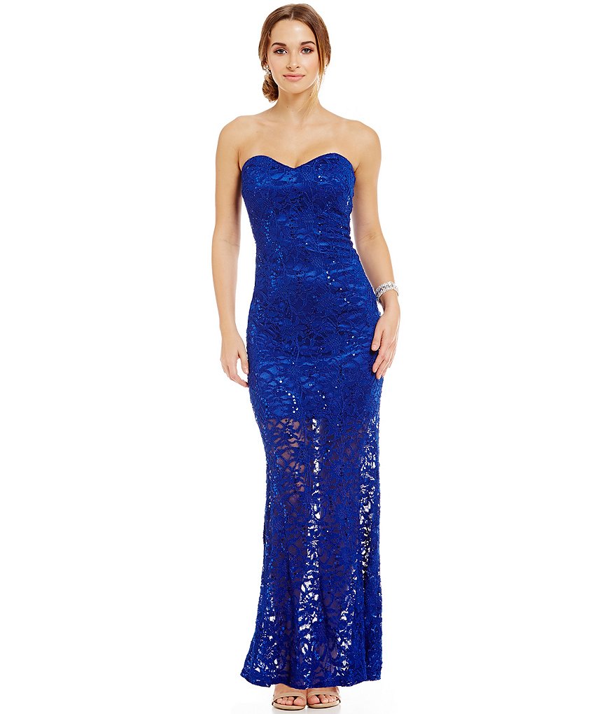 Jump Strapless Metallic Sequin Lace Gown