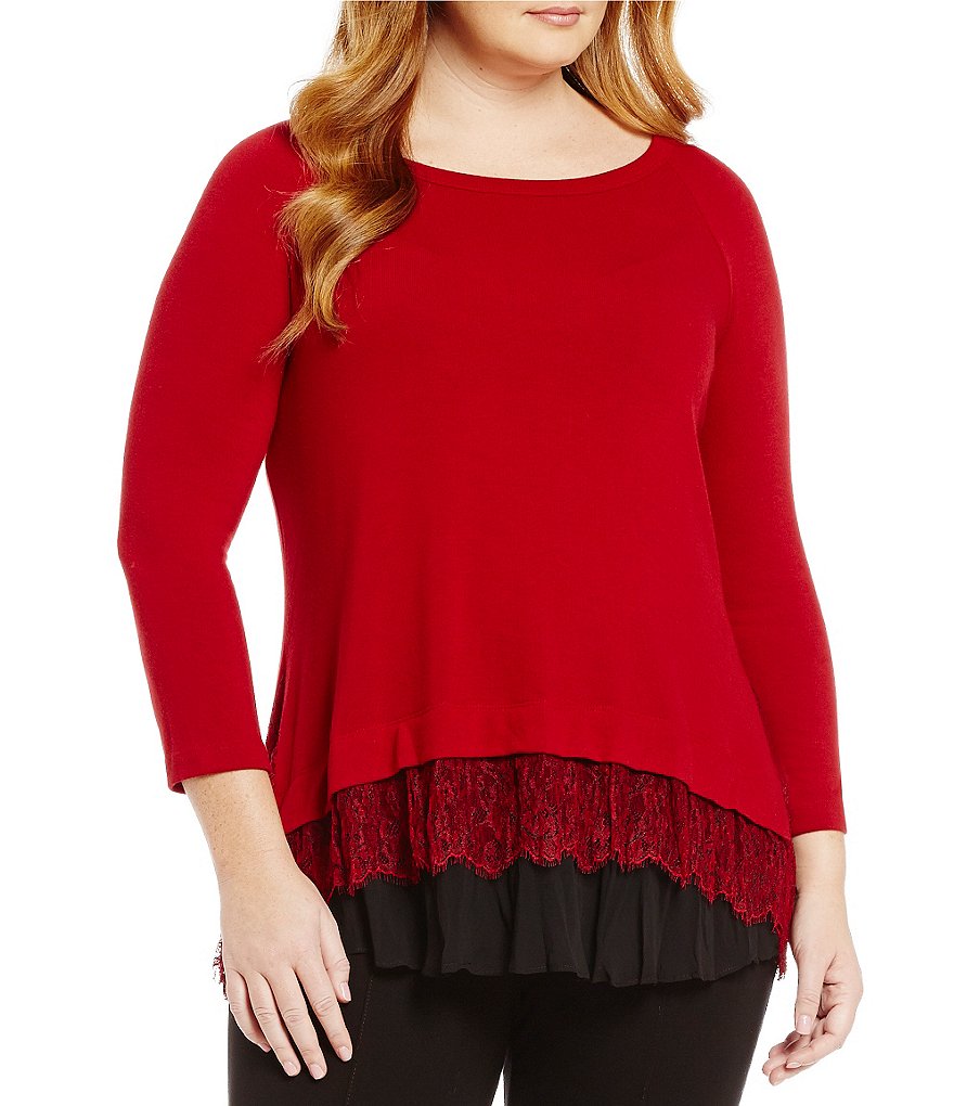 Karen Kane Plus Crew Neck Scalloped Lace Inset Sweater