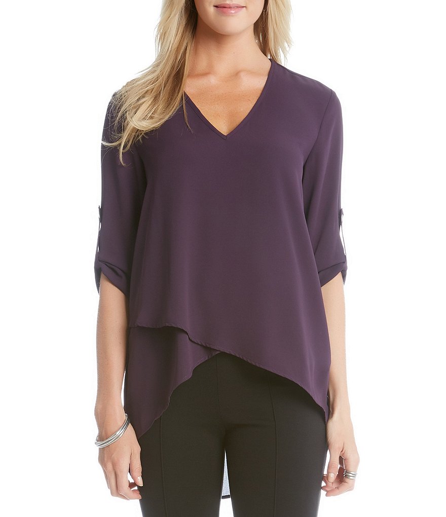 Karen Kane V-Neck Roll-Tab Sleeve Asymmetrical Hem Top