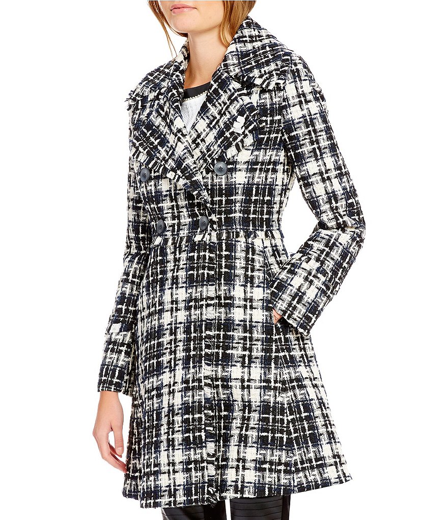 KARL LAGERFELD PARIS Double Breasted Wool Fringe Tweed Coat