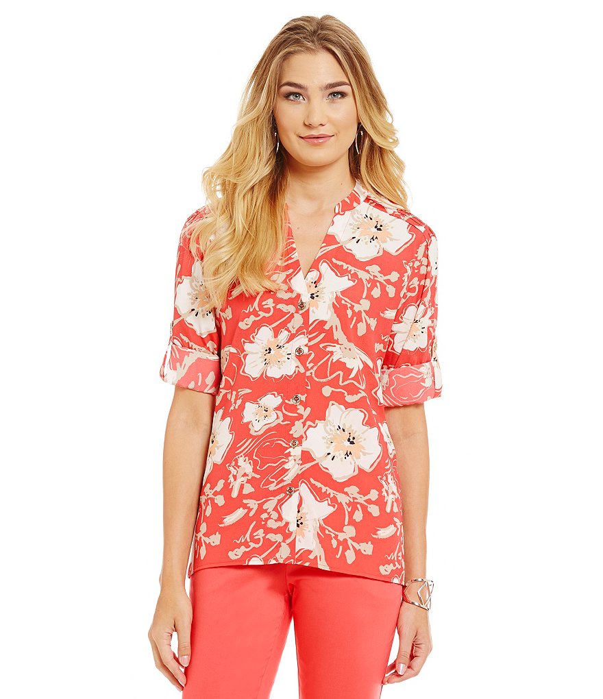 KARL LAGERFELD PARIS Floral Print Roll Tab Blouse