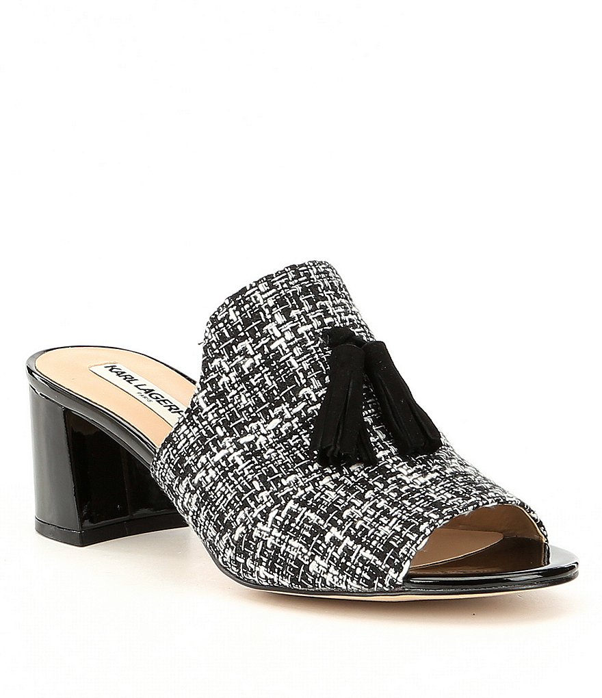 KARL LAGERFELD PARIS Hettie7 Boucle Tassel Detail Block Heel Dress Mules