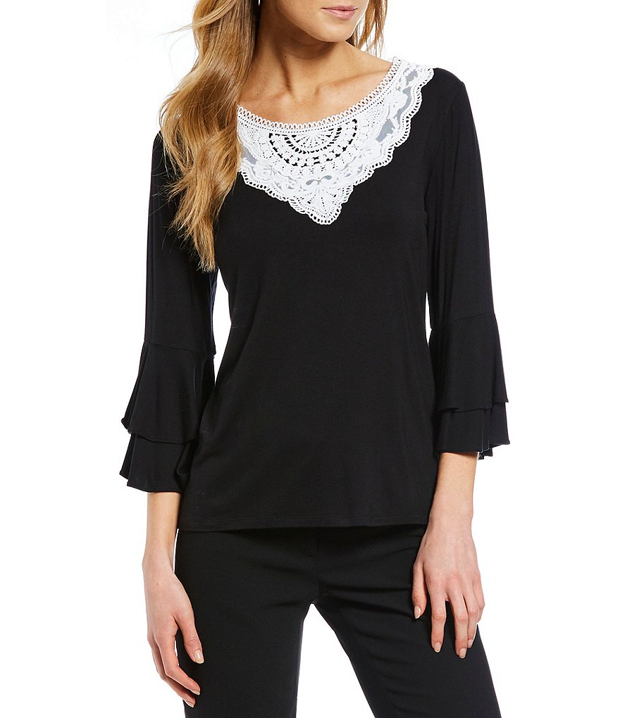 KARL LAGERFELD PARIS Knit Lace Bib Tiered Bell Sleeve Top