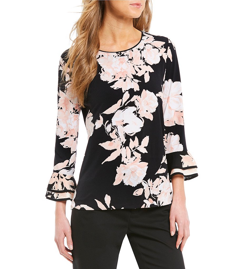 KARL LAGERFELD PARIS Knit Ruffle Sleeve Floral Print Top