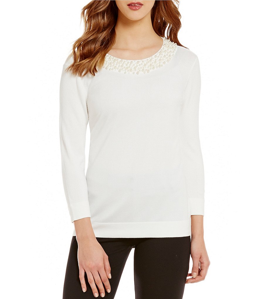 KARL LAGERFELD PARIS Pearl Embellished Crew Neck Sweater