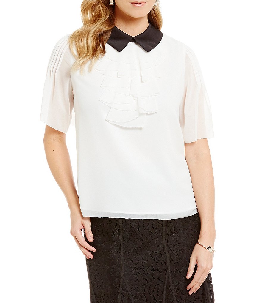 KARL LAGERFELD PARIS Short Sleeve Ruffle Front Blouse